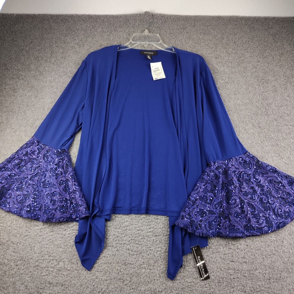R&M Richards Jacket Sz 14 Bell Sleeve Sequin Lace Royal Blue Open Front NWT
